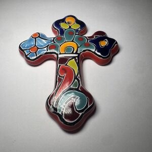 Talavera Mexican Pottery Multicolor Clover Religious Cross 4.5 Inch Pre-owned